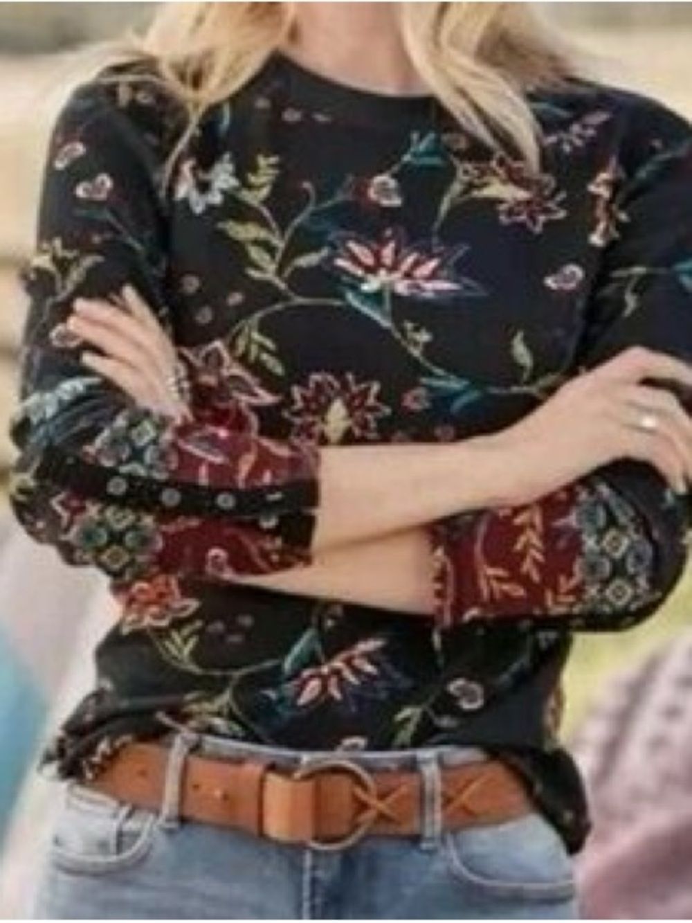 Sundance Floral Multicolor Waffle Knit Blouse Top XXL Boho Cottage Granola Girl